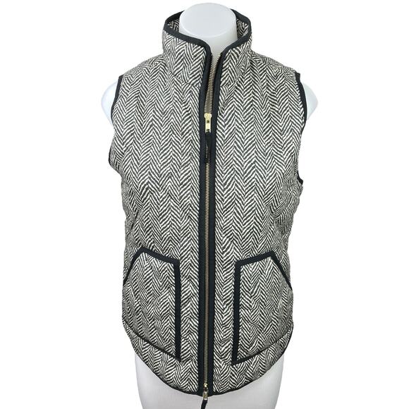 J Crew Black White Herringbone Zip Up Quilted Down Puffer Vest Coat Jacket XS - Picture 1 of 5